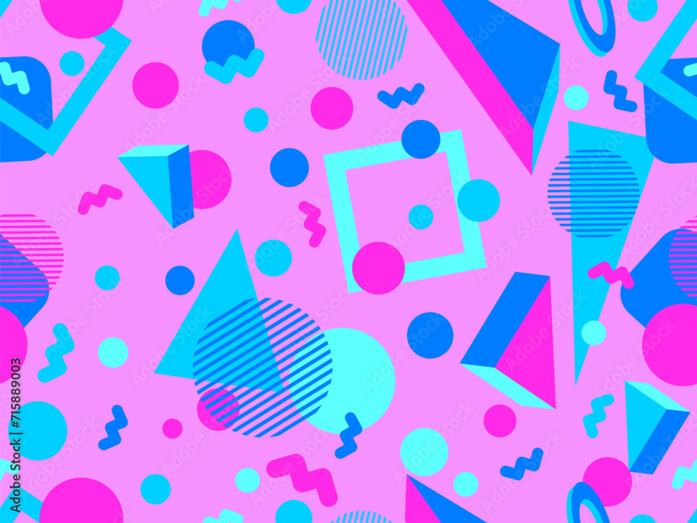 Memphis seamless pattern with 3d geometric shapes in 80s style. Colorful geometric pattern with isometric 3d shapes. Design of promotional products, wrapping paper and printing. Vector illustration Memphis seamless pattern with 3d geometric shapes in 80s style. Colorful geometric pattern with isometric 3d shapes. Design of promotional products, wrapping paper and printing. Vector illustration