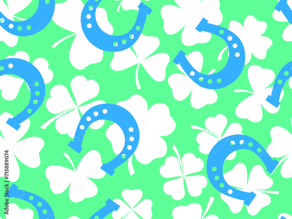 Seamless pattern with white silhouettes of clovers and horseshoes for St. Patrick's Day. Irish holiday symbols: a horseshoe for good luck. Wallpaper, banner and cover design. Vector illustration