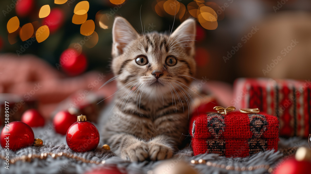 Cute kitten surrounded by gifts and Christmas balls. High quality photo