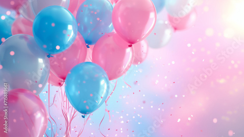 Bunch of colorful balloons with confetti on pink background. 