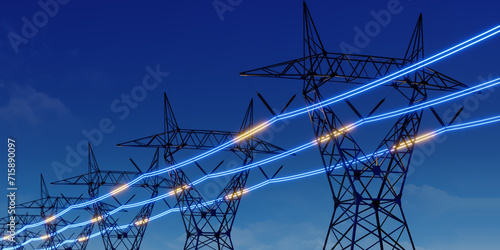 High voltage electric transmission tower with glowing current line, electrical power transmit through wire to city and house at night, Renewable green energy grid infrastructure concept 3d rendering