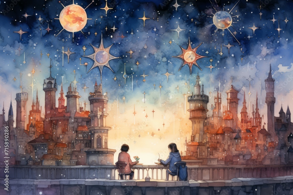 Obraz premium Celestial stargazers, mapping the constellations and unraveling the secrets of the universe - Generative AI