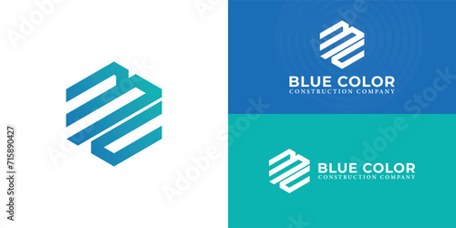 Abstract initial letter BC or CB logo, Blue Cube Logo Design Template in blue-green color isolated on a white and blue background applied for the Construction Company logo design inspiration template