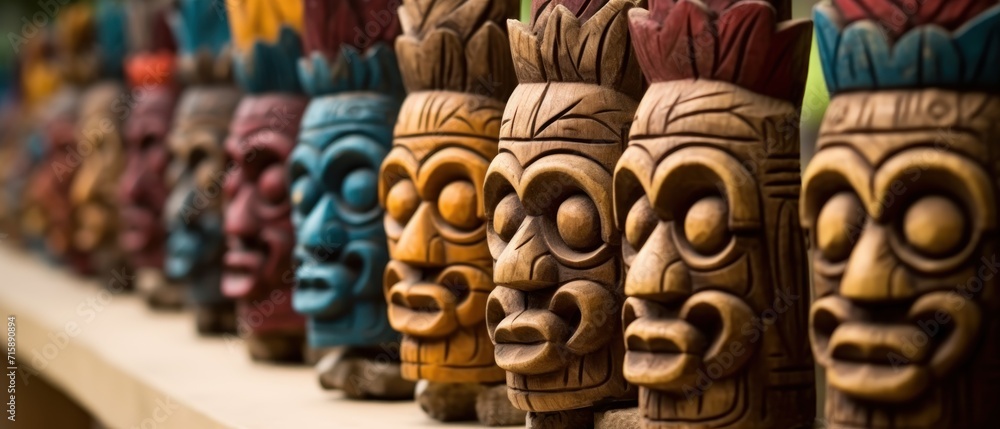 Mayan Colorful Wooden Masks. Mayan Mask. Mayan wooden handcrafted masks in a traditional Mexican market. 