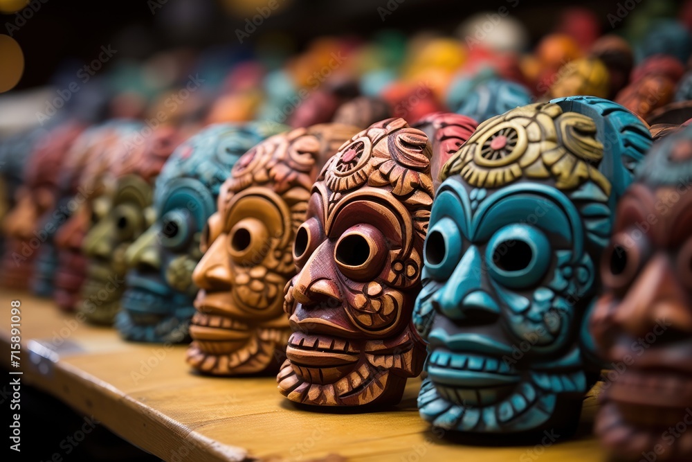 Mayan Colorful Wooden Masks. Mayan Mask. Mayan wooden handcrafted masks in a traditional Mexican market. 