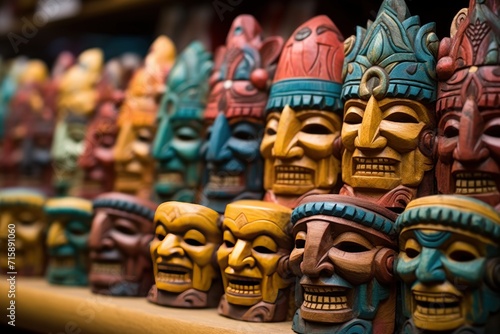 Mayan Colorful Wooden Masks. Mayan Mask. Mayan wooden handcrafted masks in a traditional Mexican market.  © John Martin