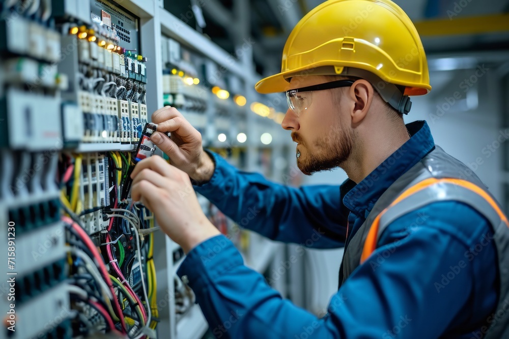 Electrician engineer in hard hat tests electrical installations Electrician engineer in hard hat tests electrical installations