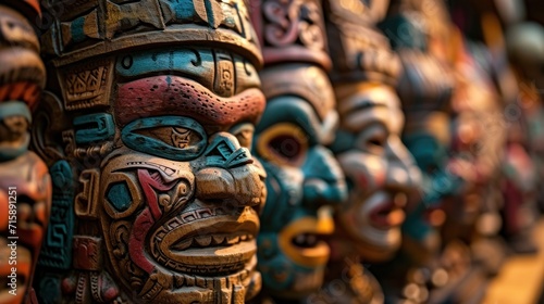 Mayan Colorful Wooden Masks. Mayan Mask. Mayan wooden handcrafted masks in a traditional Mexican market.  © John Martin