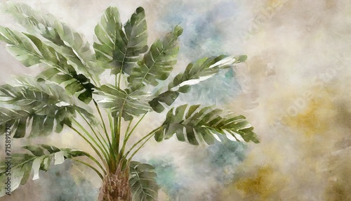 tropical tree with large leaves on a watercolor background with texture photo wallpaper in the interior