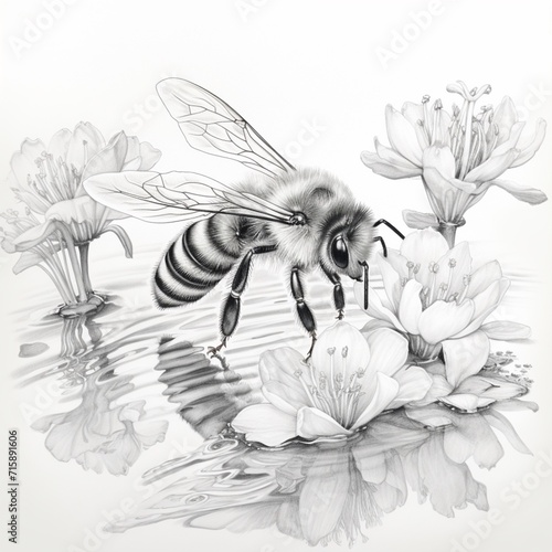 Pencil sketch flower garden Bees fly drinking image Generative AI