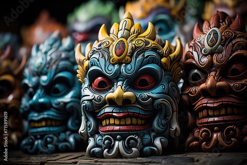 Mayan Colorful Wooden Masks. Mayan Mask. Mayan wooden handcrafted masks in a traditional Mexican market. 