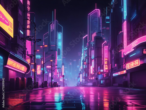 The futuristic city in the style of cyberpunk. Empty street with colourful neon lights. Beautiful night cityscape design.