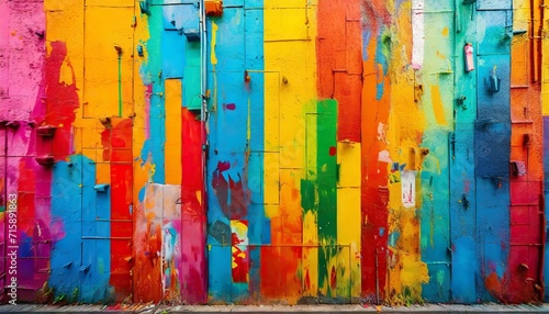 closeup of colorful messy painted urban wall texture modern pattern for wallpaper design creative urban city background abstract open composition photo