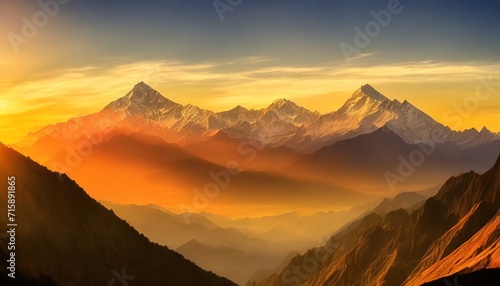 painting of panoramic view of great himalayan range at sunset with the mountains glowing in the warm light of the setting sun photo