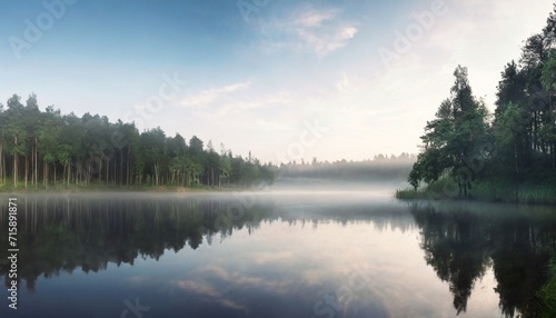 foggy forest and lake at dawn