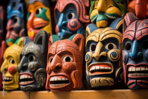 Mayan Colorful Wooden Masks. Mayan Mask. Mayan wooden handcrafted masks in a traditional Mexican market. 