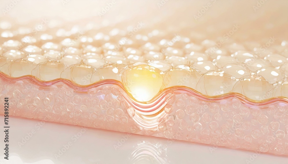 Fototapeta premium Closeup of Collagen of Skin - Molecules and Bubbles representing Cells and Vitamin Application - Skin Care Cosmetic 3D Render.