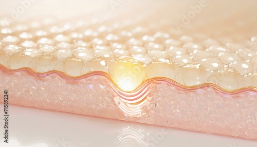 Closeup of Collagen of Skin - Molecules and Bubbles representing Cells and Vitamin Application - Skin Care Cosmetic 3D Render. photo