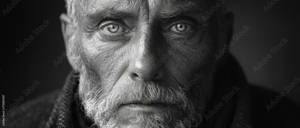 portrait noir et blanc en gros plan d'un vieil homme barbu et ridé portrait noir et blanc en gros plan d'un vieil homme barbu et ridé
