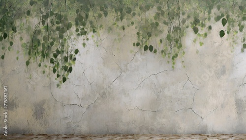 a cracked wall on which trees are painted from which branches with leaves hang painted on a textured background photo wallpaper #715892461