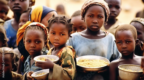hungry poor african girl, in dirty clothes, stands with an empty bowl waiting for food concept: group of hungry poor african children, humanitarian aid, poverty in africa photo