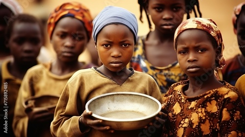 hungry poor african girl  in dirty clothes  stands with an empty bowl waiting for food concept  group of hungry poor african children  humanitarian aid  poverty in africa
