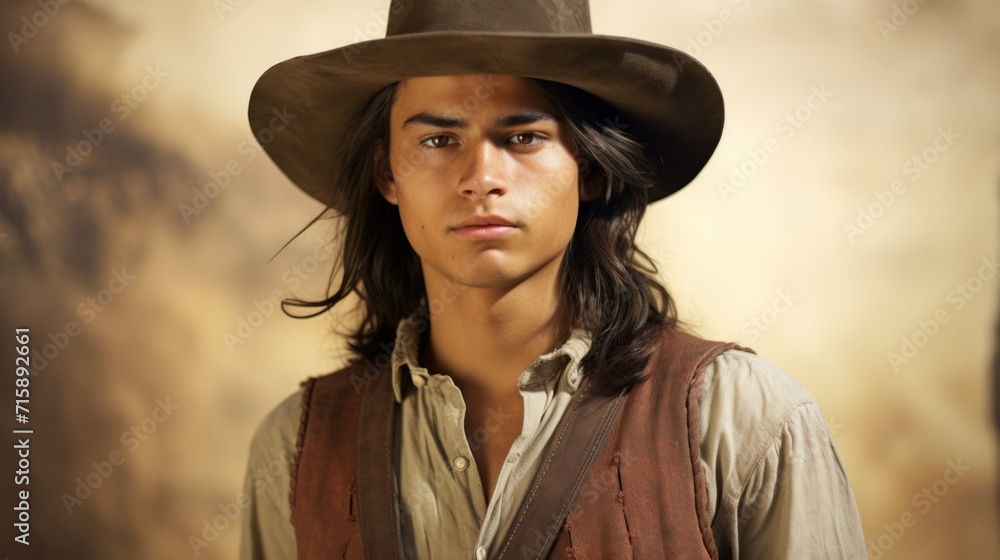 Photorealistic Teen Persian Man with Brown Straight Hair retro Illustration. Portrait of a person in western movie vintage style. Cowboy spirit Ai Generated Horizontal Illustration. Photorealistic Teen Persian Man with Brown Straight Hair retro Illustration. Portrait of a person in western movie vintage style. Cowboy spirit Ai Generated Horizontal Illustration.
