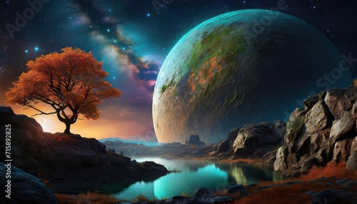 a tree with a space view of other planets 