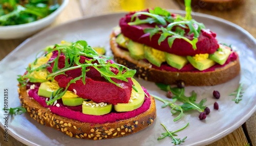 vegan sandwiches with beetroot hummus sandwich with beet cheese avocado and arugula