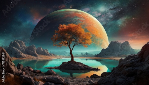 a tree with a space view of other planets 