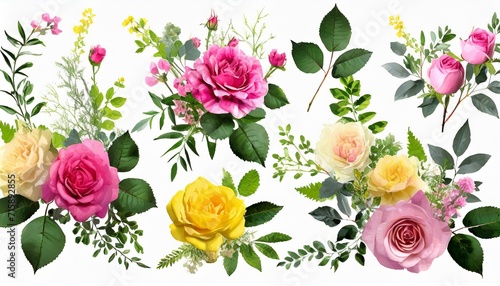 set of floral branch flower pink yellow rose green leaves botanical wildflowers arrangements