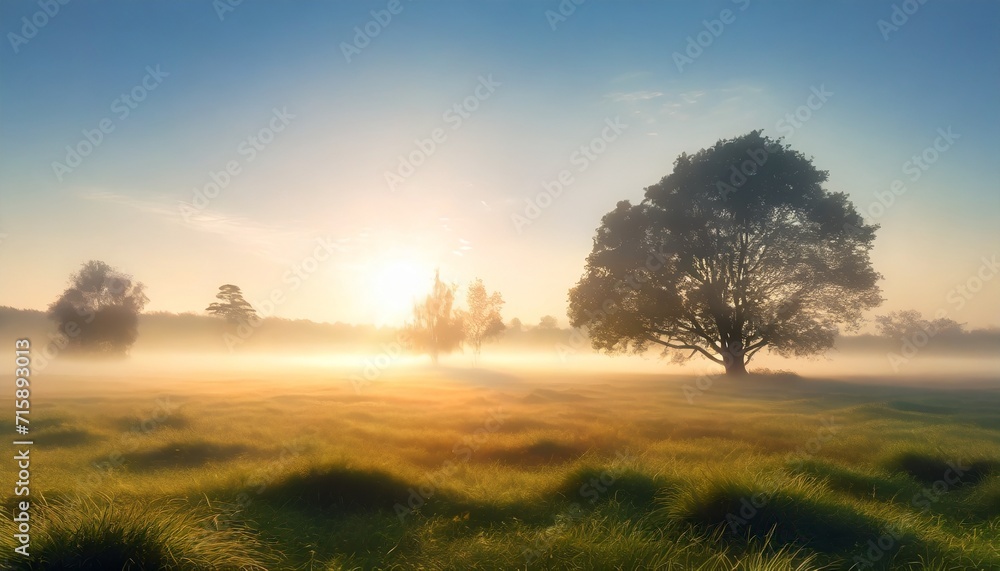 tranquil foggy grassland and trees at sunrise