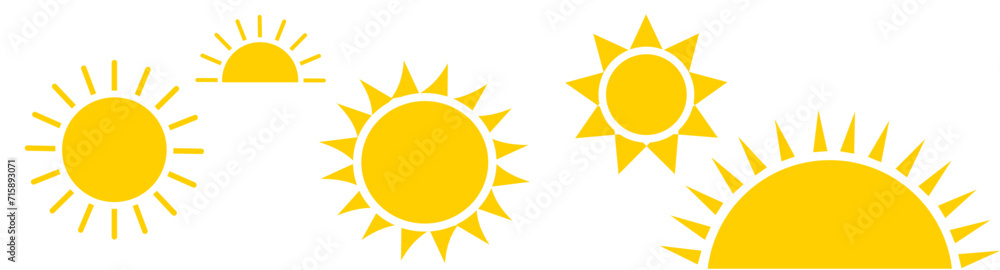Sun icon set. Yellow sun star icons collection. Summer, sunlight, nature, sky. Vector illustration isolated on white background. Sun icon set. Yellow sun star icons collection. Summer, sunlight, nature, sky. Vector illustration isolated on white background.