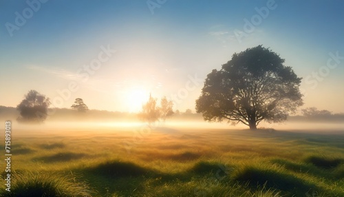 tranquil foggy grassland and trees at sunrise © William