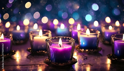 candles with blue and purple flames dark background bokeh romantic background christmas or new year composition with burning candles in small glass candlesticks festive evening
