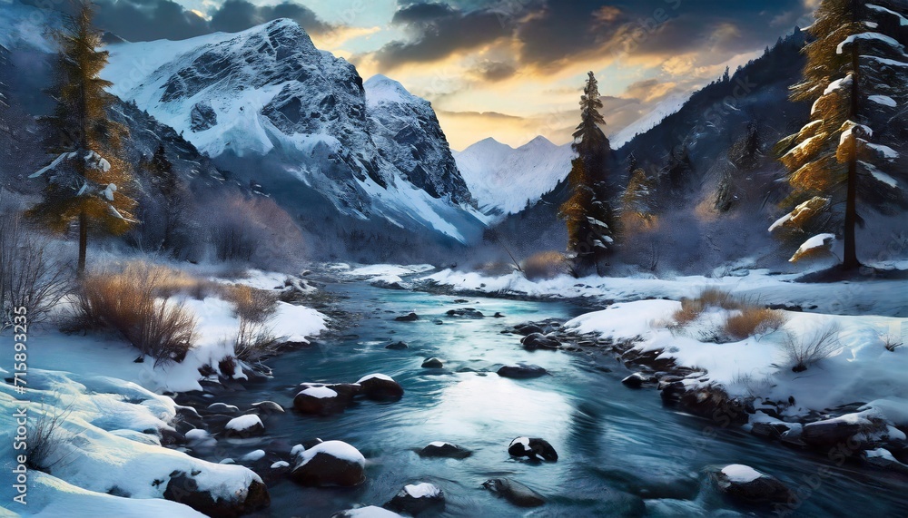 winter landscape with river and mountains 