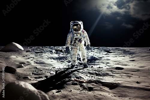  a man in a space suit standing on the surface of the moon with his hands in his pockets and a flashlight in his other hand. photo