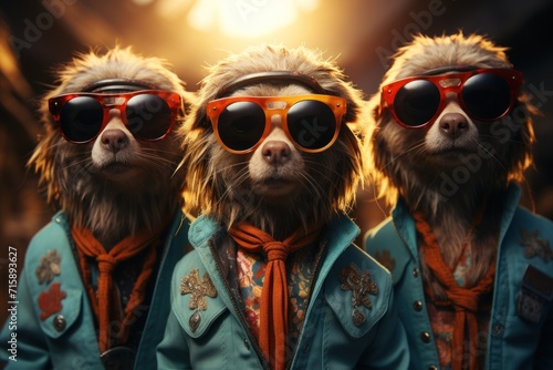  a group of monkeys wearing red sunglasses and a blue jacket are standing in front of a bright light in the middle of the picture.