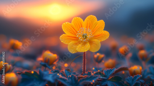 A vibrant yellow flower stands out in a field, bathed in the warm, golden light of the setting sun. AI. © Vasyl