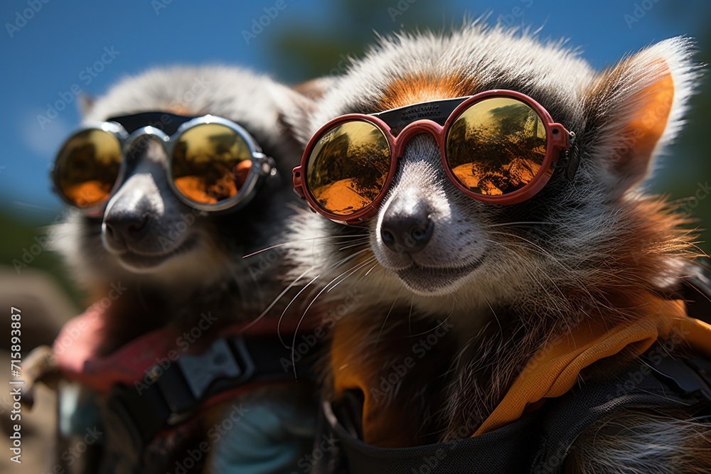  a close up of two small animals wearing goggles and backpacks with trees in the back ground in the background.