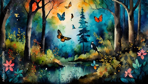 magically fantasy forest with butterflies  photo