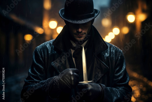 Mysterious victorian man with a knife. AI generative image. photo