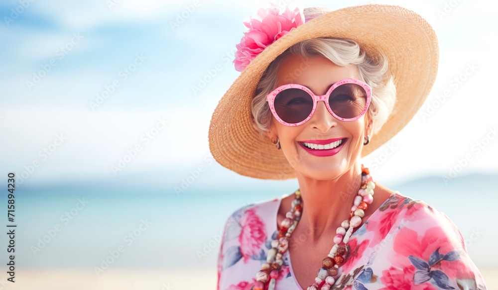Happy fashion senior lady wearing sunglasses and a straw hat on a beach. For the summer vacation concept and copy space for text.