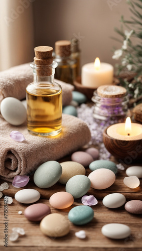 beauty treatment items for spa procedures on wooden table  massage stones  essential oils and sea salt