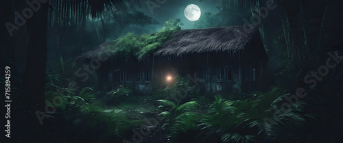 Ancient Old Abandoned Building in Jungle  Moody Atmosphere with Surrounding Trees.