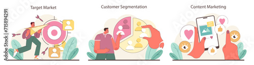 Marketing Strategies set. Visual scenarios of targeting, segmenting, and engaging in the digital realm. Insights into market precision, customer diversity, and content appeal. Flat vector illustration