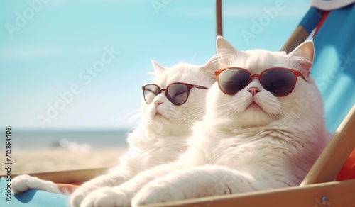 Fototapeta Naklejka Na Ścianę i Meble -  Two cute white cats wearing sunglasses and sunbathing leisurely on the recliner at the beach. The concept for animal creative banner concepts in summer or vacation