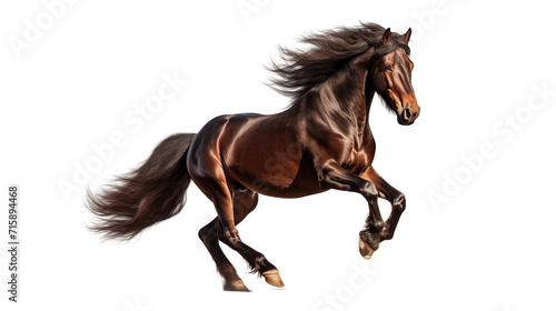 Bay stallion with long mane running isolated on transparent background.