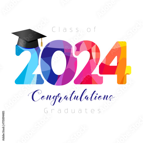 Colorful graduating banner. Class of 2024 congratulations graduates, decoration concept. Collegel event invitation design. Watercolor style number. Greeting card template. Art school creative icon.