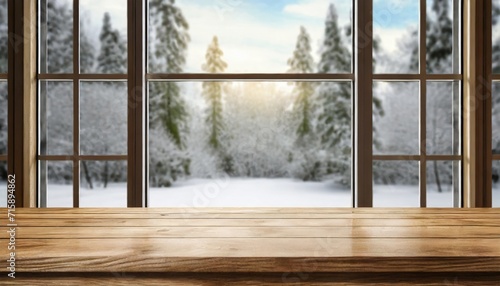 empty wooden table with a modern large glass window in a snow covered forest in the background with copy space blank for text ads and graphic design © William